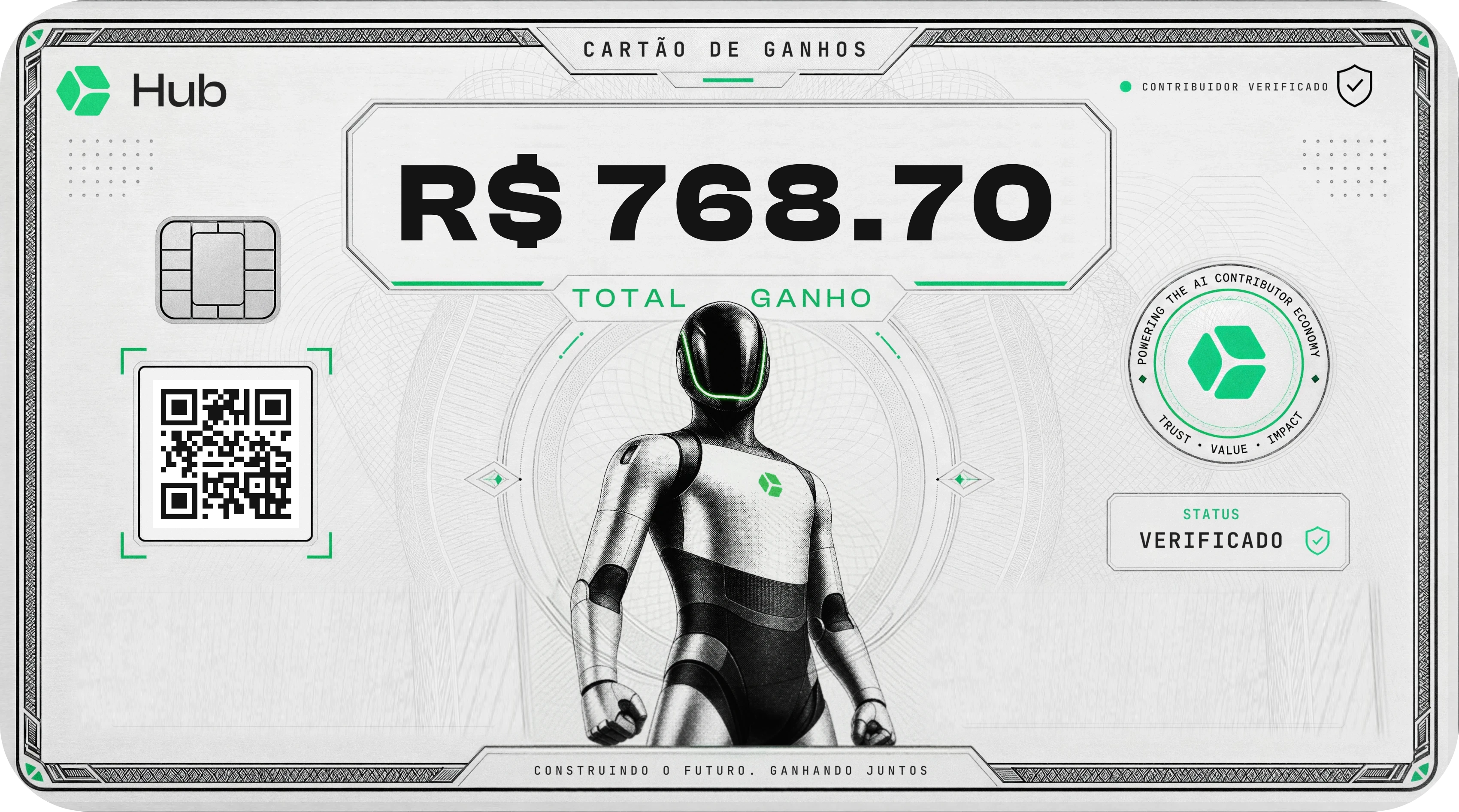 Cartão de ganhos da Hub com total de R$ 768,70